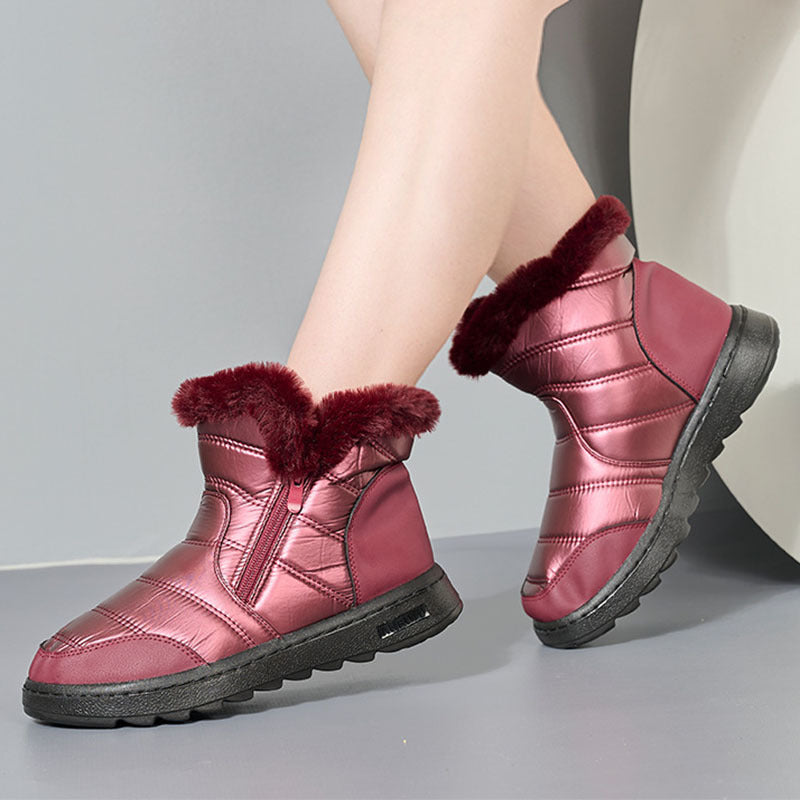 bottes d’hiver femme hautes en polaire avec fermeture éclair rouge